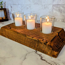 Load image into Gallery viewer, Reclaimed Wood Candle Holder / Rustic Candle Holder/ Christmas Table Decor/ Reclaimed Wood Beam / 3 Votive Candle Holder