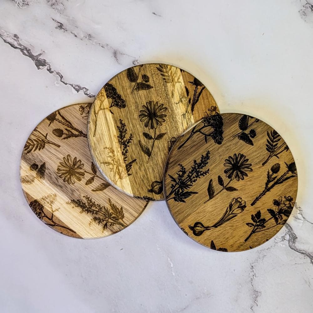 Engraved Floral Wood Coasters